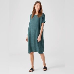 Eileen Fisher Organic Linen Shift Dress Green Size L Short Sleeve